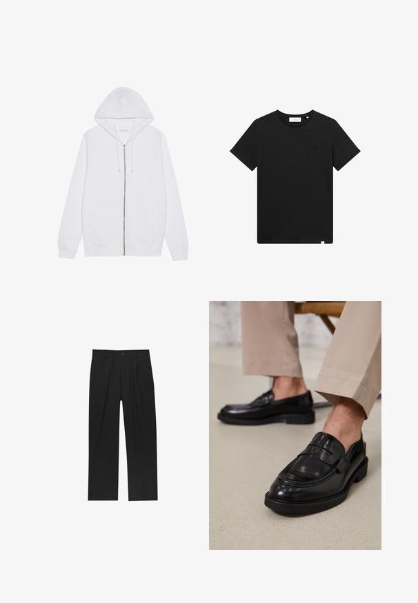 Witte rits hoodie gemaakt van een katoenmix. Beschikt over voorzakken, een trekkoordcapuchon en ribbelboorden aan de mouwen en onderkant. Soepele textuur.; Zwarte T-shirt met korte mouwen van katoen, met een ronde hals en een klein logo geborduurd op de borst. Soepele textuur, normale pasvorm.; Zwarte broeken met een recht model, gemaakt van een gladde stof. Voorzien van een voorplooien en een enkele knoopsluiting bij de taille.; Zwarte leren loafers met een gladde afwerking, voorzien van een decoratieve band en contrasterende stiksels, gecombineerd met beige broeken.