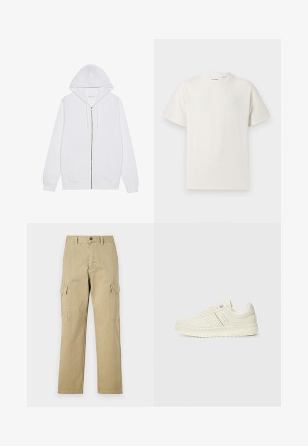 White zip-up hoodie made of cotton blend fabric. Features front pockets, drawstring hood, and ribbed cuffs and hem. Smooth texture.; White short-sleeve T-shirt in a ribbed texture. Round neckline, relaxed fit, no visible patterns or accents. Simple and versatile design.; Beige cargo pants made of cotton, featuring two side pockets, a button closure, and straight legs with a slightly textured fabric.; Cream-colored sneaker with perforated detailing, laces, and logo on the side, displayed against a plain white background.