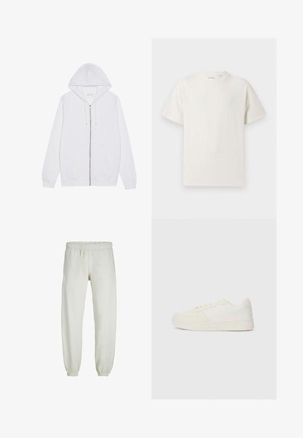 Bela zip-up kapuca iz blage bombažne tkanine. Ima sprednje žepke, kapuco s vrvico in rebraste manšete ter rob. Gladka tekstura.; Bela majica s kratkimi rokavi iz rebraste tkanine. Okrogli izrez, sproščen kroj, brez vidnih vzorcev ali naglasov. Preprosta in vsestranska zasnova.; Bele trenerke narejene iz mehkega blaga, z elastičnim pasom in manšetami, gladke teksture in ohlapnega kroja.; Bela teniska z gladkim usnjenim zgornjim delom in aksesorji iz semšine. Ima perforiran prst, ravne vezalke in gumijast podplat z strukturiranimi detajli.