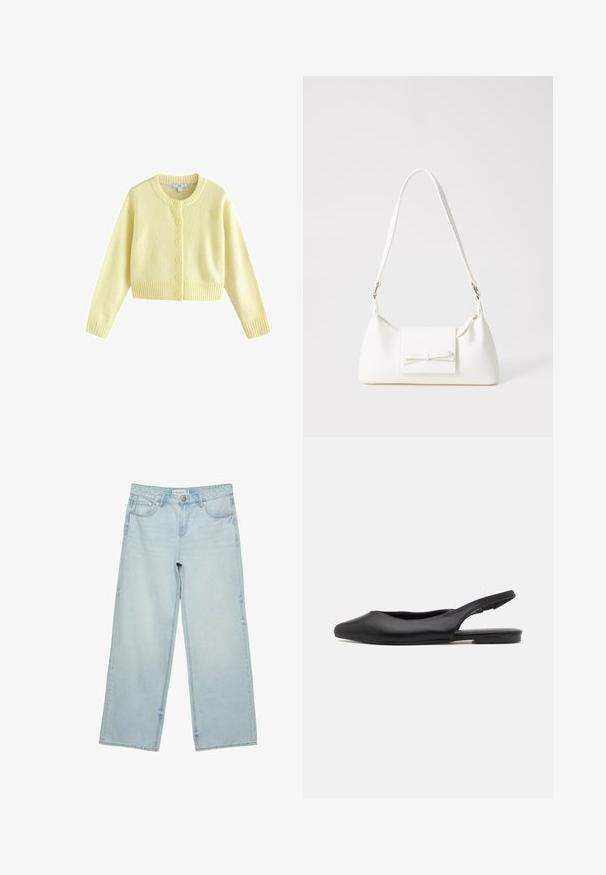 Next REGULAR FIT - CREW NECK  - Cardigan - yellow; Asymmetrisk hvid top lavet af glat stof, med én kort ærme og en off-shoulder design, med et rent, minimalistisk udseende.; Lysblå vide jeans i denim med høj talje, fem lommer og subtilt slid. Lige skæring med opklippede kanter.; Sorte læder slingback sko med spidse tæer, flad hæl og buet udskæringsdesign. Glat overflade og minimalistisk stil.; Hvid syntetisk håndtaske med en trekantet form, flad forsideklap og sløjfedetalje, justerbar strop, glat tekstur og minimalistisk design.