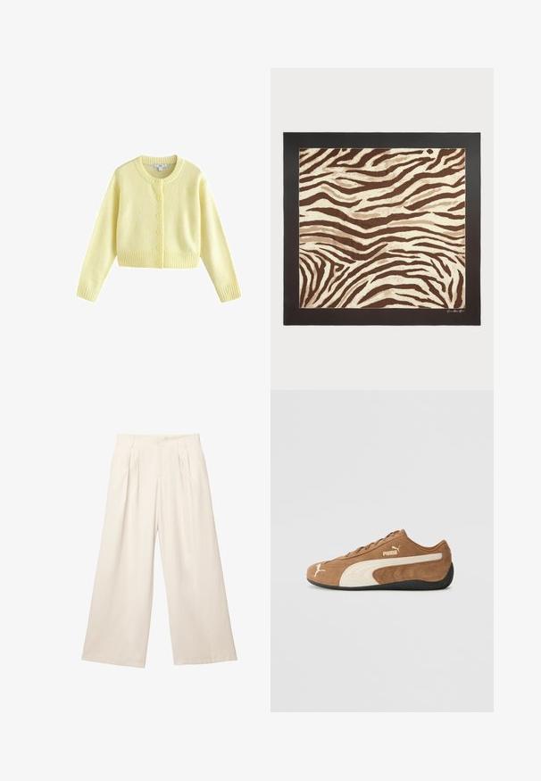 Next REGULAR FIT - CREW NECK - Kardigan - yellow; Hnědý bezrukávový top vyrobený z elastického materiálu, s detailním zkrouceným předním dílem, nařasenými bočními akcenty a kulatým výstřihem.; Kalhoty s širokými nohavicemi v světlé béžové barvě s jemnou, strukturovanou tkaninou. Disponují předními sklady a elastickým pasem pro pohodlné nošení.; Hnědé semišové nízké tenisky s krémovými akcenty, texturovaným povrchem, černou gumovou podrážkou a vyšívaným logem na boku a jazyku.; Hnědý a krémový koberec se zebřím vzorem s texturovaným povrchem, ohraničený pevným černým rámem. Obsahuje vlnité, organické linie po celém designu.