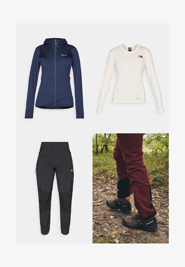 Navy blue athletic jacket with a fitted design, textured fabric, hood, and two front zip pockets. Features orange zipper pulls and logo accents.; The North Face SHADOW LONG SLEEVE - Long sleeved top - white dune; Black outdoor pants made of durable fabric. Feature zippered pockets, reinforced knee panels, and a straight cut design for mobility.; Brown hiking boots with black accents and rugged soles, paired with maroon waterproof pants featuring black side panels and zippers.