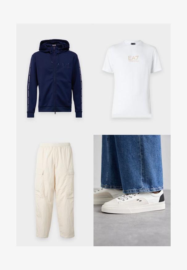 EA7 Emporio Armani FELPA - Hoodie - navy; White cotton t-shirt featuring a round neckline and short sleeves, with a gold EA7 Emporio Armani logo printed on the front.; Beige cargo pants with an elastic waistband, featuring two side pockets and a soft, lightweight fabric. Wrinkled texture.; White and black sneakers with a smooth leather upper, textured accents, and a chunky white sole. Features a classic lace-up design.