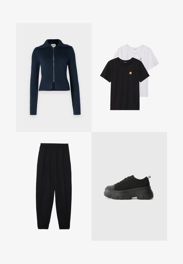 Abercrombie & Fitch Strickjacke - navy blazer; Schwarz-weiße T-Shirts, Rundhals, kurze Ärmel. Das schwarze Shirt hat eine gelbe Sonnenstickerei; das weiße eine lila Halbmond-Akzent.; Schwarze, leichte Hosen mit einem elastischen Bund und gerafften Knöcheln. Der Stoff ist glatt und hat ein entspanntes, schmal zulaufendes Design.; Schwarze Sneakers mit einer dicken Gummisohle, strukturiertem Obermaterial, runder Zehenpartie und Schnürdesign. Verfügt über verstärkte Ösen und eine Schlaufe an der Rückseite.