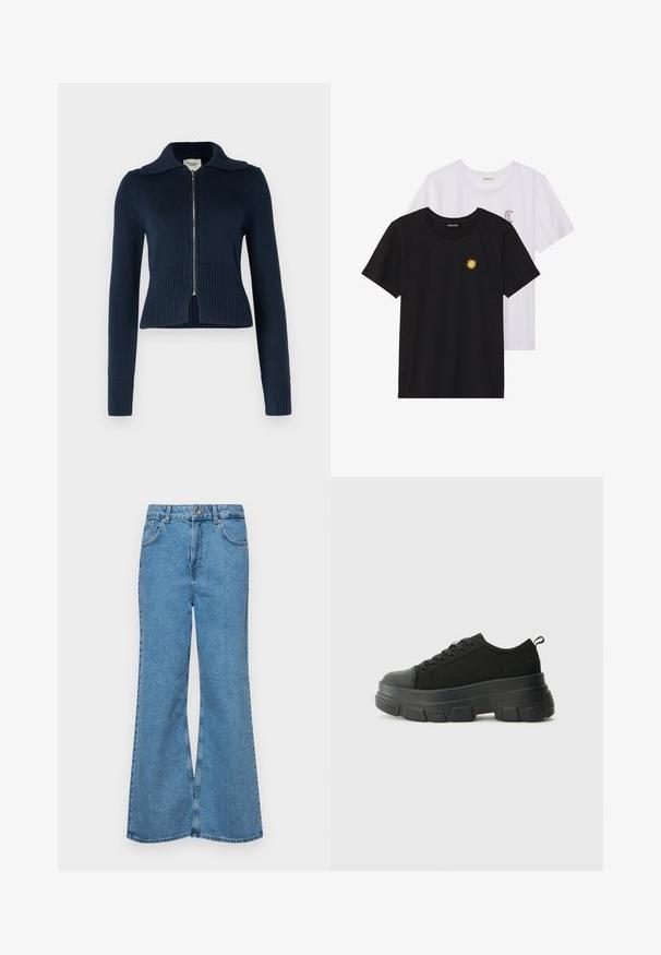 Abercrombie & Fitch Gilet - navy blazer; T-shirts noir et blanc, col rond, manches courtes. Le t-shirt noir présente une broderie de soleil jaune ; le t-shirt blanc a un accent de croissant de lune violet.; Jean flare bleu clair en denim, avec une taille haute, cinq poches et une fermeture à un bouton. Texture douce avec une finition décolorée.; Baskets noires avec une semelle en caoutchouc épaisse, un dessus en tissu texturé, un bout rond et un design à lacets. Présente des œillets renforcés et une languette à l'arrière.