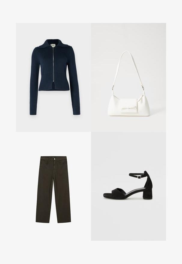 Abercrombie & Fitch Strickjacke - navy blazer; Braun T-Shirt mit kurzen Ärmeln aus weichem Baumwollmaterial, mit rundem Halsausschnitt und schlichtem Design ohne zusätzliche Muster oder Akzente.; Dunkelgrüne Jeans im weit geschnittenen Style, hergestellt aus einem Baumwollgemisch. Sie verfügen über einen Frontknopfverschluss, fünf Taschen und klassische Denim-Nähte.; Schwarze Wildleder-Espadrilles mit einem dünnen Knöchelriemen, offener Zehenpartie und moderatem Blockabsatz. Glatte Textur und minimale Akzente.; Weiße synthetische Handtasche in dreieckiger Form, flache Vorderklappe und Schleifendetail, verstellbarer Trageriemen, glatte Textur und minimalistisches Design.