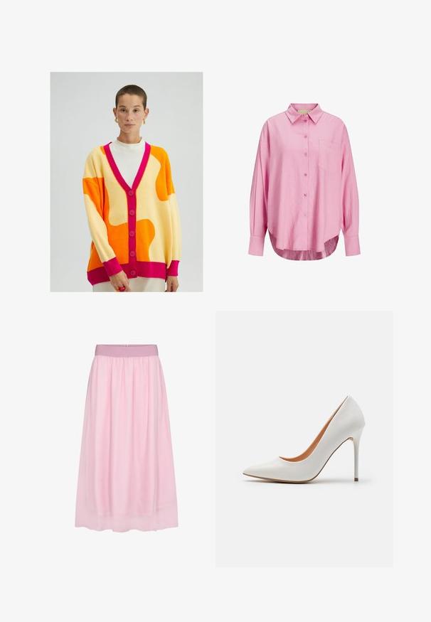 Knitted cardigan in yellow, orange, and pink. Features a V-neck, button front, and oversized shape with contrasting ribbed cuffs.; Light pink button-up shirt with a collared neckline, long sleeves, single chest pocket, and a slightly curved hem. Fabric appears soft.; Pink tulle skirt with a soft, sheer design. Features an elastic waistband and flowing silhouette, creating a layered effect.; White patent leather high-heeled pump with a pointed toe and slender stiletto heel, featuring a smooth texture and a beige interior.