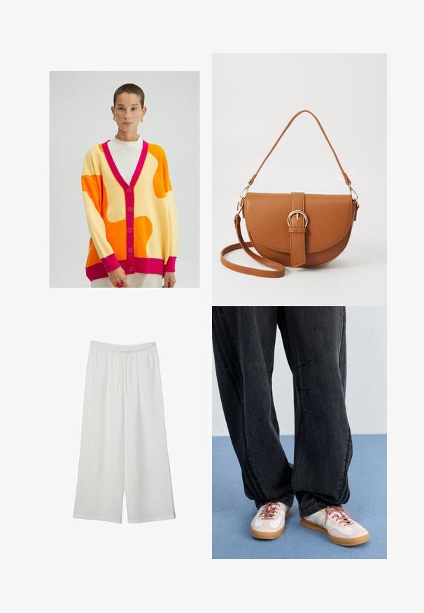 Neuleliivi keltaisena, oranssina ja vaaleanpunaisena. Hyvin avara V-pääntie, nappikiinnitys ja ylisuurikokoinen muoto, jossa on eriväriset resorit hihansuissa.; Valkoinen lyhythihainen T-paita, joka on tehty puuvillasta. Siinä on pyöreä kaula-aukko ja rento malli. Silkkinen pinta ilman näkyviä kuvioita tai koristeita.; Valkoiset leveälahkeiset housut, jotka on valmistettu kevyestä kankaasta. Niissä on joustava vyötärö ja nauha säädettävää istuvuutta varten. Sileä pinta.; Musta, löysä farkkushortsit, joissa on etupuolella ompeluyksityiskohtia, yhdistettynä valkoisiin ja vaaleanpunaisiin tennareihin, joissa on kumipohja ja vaaleanpunaiset nauhat.; Ruskean nahkainen olkalaukku, jossa on kaareva muoto, kultaiset yksityiskohdat ja solkiyksityiskohta. Varustettu irrotettavalla olkahihnalla.