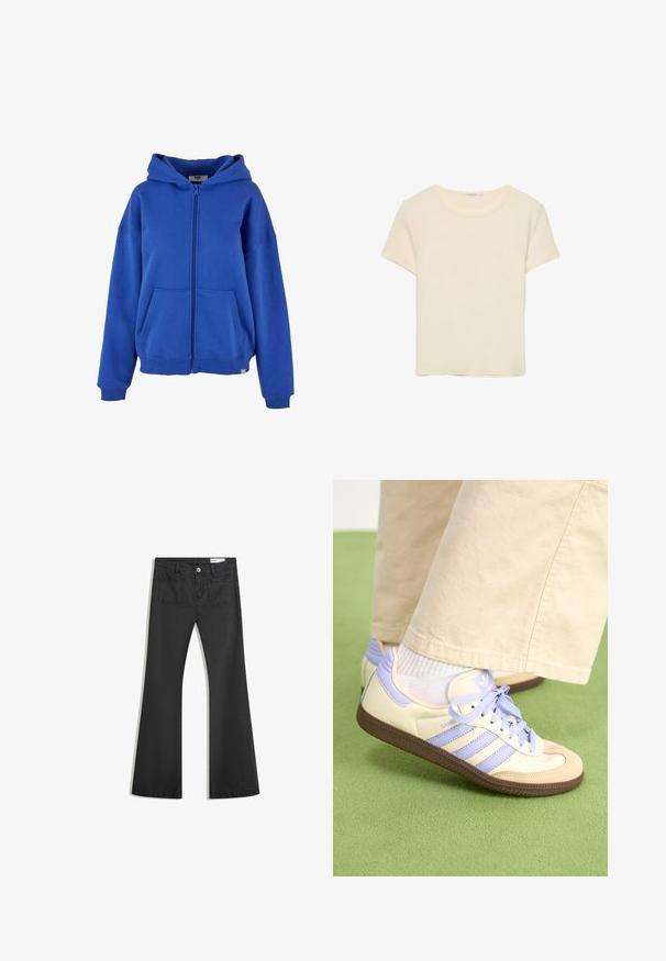 Blaue Kapuzenjacke aus weichem Stoff, mit einer geräumigen Kapuze, Fronttaschen und gerippten Bündchen. Einfaches und vielseitiges Design.; Krämfarbener, kurzärmeliger T-Shirt aus weichem Stoff. Verfügt über einen klassischen Rundhalsausschnitt und einen lockeren Schnitt, ohne auffällige Muster oder Akzente.; Schwarze Schlagjeans aus Denim mit glatter Textur, ausgestattet mit zwei Gesäßtaschen und einem Knopfverschluss an der Taille.; Cremefarbene und lavendelfarbene Sneakers mit drei Streifen und einer strukturierten braunen Sohle, ausgestattet mit Schnürsenkeln und einer gepolsterten Ferse. Obermaterial aus weichem Stoff.