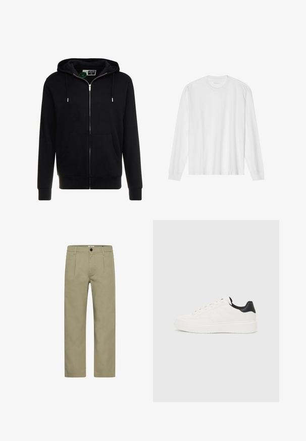 Felpa nera con zip realizzata in cotone, dotata di cappuccio con coulisse, tasche frontali e polsini e orlo a costine. Texture liscia, design semplice.; T-shirt bianca a maniche lunghe in cotone con colletto rotondo e polsi a coste. Design semplice e senza fronzoli, con texture liscia e vestibilità standard.; Pantaloni in cotone beige con design a gamba dritta, vita plissettata e bordo elastico. Presentano un unico bottone anteriore e due tasche laterali.; Sneaker in pelle bianca con motivo stampato, suola intermedia bianca testurizzata e accentuazione nera sul tallone. Presenta punta arrotondata e lacci piatti.