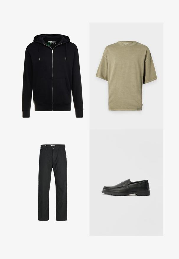 Schwarze Zip-Up-Hoody aus Baumwolle, mit einer verstellbaren Kapuze, Fronttaschen und gerippten Bündchen und Saum. Glatte Textur, schlichtes Design.; Olivgrünes T-Shirt mit kurzen Ärmeln aus weichem Stoff, mit rundem Halsausschnitt und einem lockeren Schnitt, versehen mit genähten Säumen.; Schwarze Hosen aus strapazierfähigem Stoff, mit geradem Bein, genähten Akzenten und zwei vorderen Taschen für Funktionalität.; Schwarze Lederloafers mit glatter Oberfläche, Mokassin-oberteil, genähten Details und Gummisohle. Klassisches Design mit niedrigem Absatz.