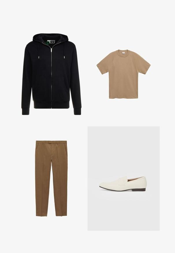 Schwarze Zip-Up-Hoody aus Baumwolle, mit einer verstellbaren Kapuze, Fronttaschen und gerippten Bündchen und Saum. Glatte Textur, schlichtes Design.; Mango T-Shirt basic - beige; Braune maßgeschneiderte Hosen aus glattem Stoff, mit flachem Frontdesign, geraden Beinen, Gürtelschlaufen und Seitentaschen.; Hellbeige Slipper mit spitzem Zehenbereich, glattem Material, einem Riemen über dem Vorderfuß und einer niedrigen braunen Sohle. Einfaches Design mit minimalen Akzenten.