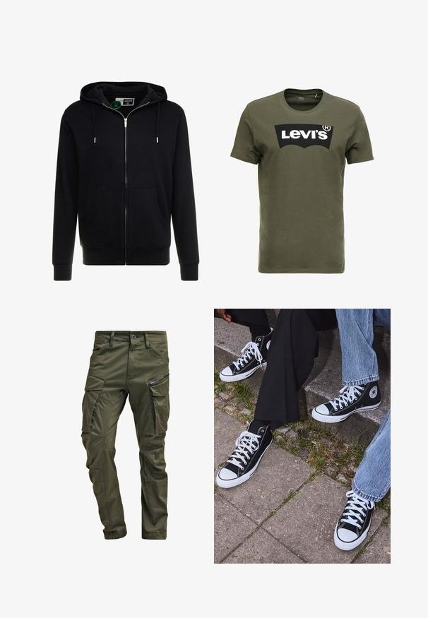 Schwarze Zip-Up-Hoody aus Baumwolle, mit einer verstellbaren Kapuze, Fronttaschen und gerippten Bündchen und Saum. Glatte Textur, schlichtes Design.; Olivegrünes Baumwoll-T-Shirt mit einem großen schwarzen Levi's-Logo auf der Vorderseite. Klassischer Rundhalsausschnitt und kurze Ärmel, glatte Textur.; Olivgrüne Cargo-Hosen aus strapazierfähiger Baumwolle. Sie verfügen über mehrere Taschen, eine mit Reißverschluss versehene Seitentasche und ein tapered Bein mit einer leicht strukturierten Oberflächenbeschaffenheit.; Schwarzecanvas-Sneaker mit hohem Schaft, weißen Gummisohlen und Schnürsenkeln, die ein rundes Logo an der Seite besitzen und mit Denim- sowie schwarzen Hosen kombiniert sind.
