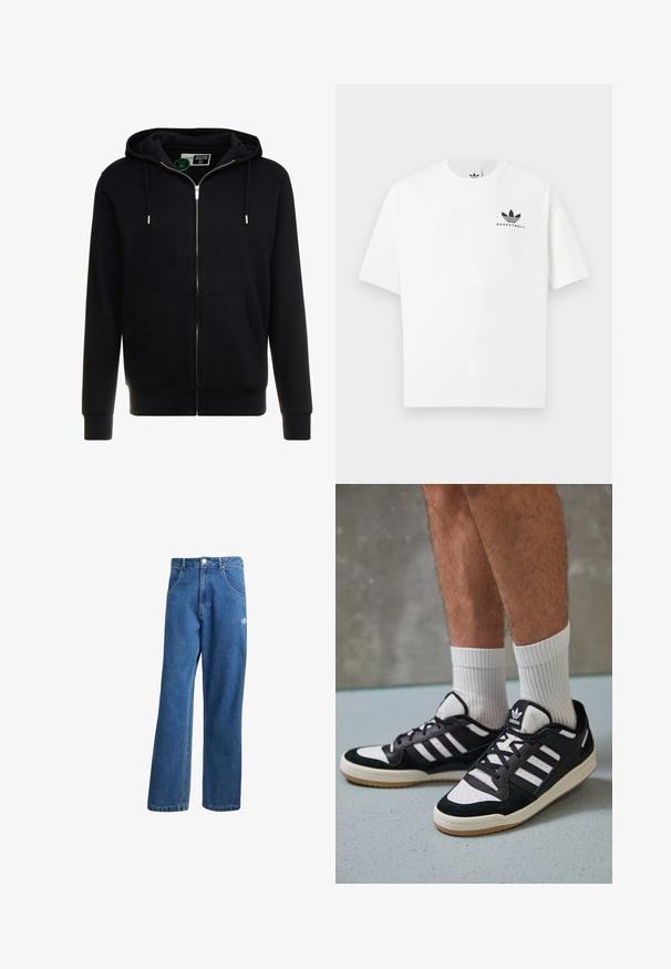 Juodas užtrauktukas megztinis pagamintas iš medvilnės, turintis suveržiamą kapuche, priekines kišenes ir raukšlėtus rankogalius bei apačią. Lygus paviršius, paprastas dizainas.; Balta medvilninė marškinėlių su trumpomis rankovėmis, su juodu "BASKETBALL" logotipu ir ikonišku trimis juostelėmis dizainu priekyje.; Mėlynos aukštu liemeniu plačios džinsinės kelnės su priekinėmis kišenėmis, diržo kilpos, sagčių uždarymu ir mažu Adidas logotipu dešinėje šlaunyje.; Juodos ir baltos sportinės bateliai su zomšiniu ir odiniu viršumi, su trimis baltomis juostelėmis, perforuota koja ir guminėmis padais.