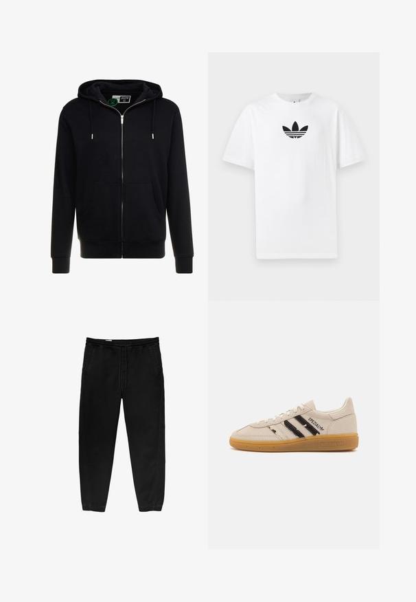 Black zip-up hoodie made from cotton, featuring a drawstring hood, front pockets, and ribbed cuffs and hem. Smooth texture, simple design.; White cotton T-shirt featuring a black Adidas logo at the center. Short sleeves and a crew neck design. Smooth texture.; Black elastic waistband pants with a drawstring, tapered legs, side pockets, and subtle side stitching details. Soft cotton fabric texture.; Beige suede sneaker with black stripes and "Spezial" text, features a textured gum rubber sole and classic lace-up design.