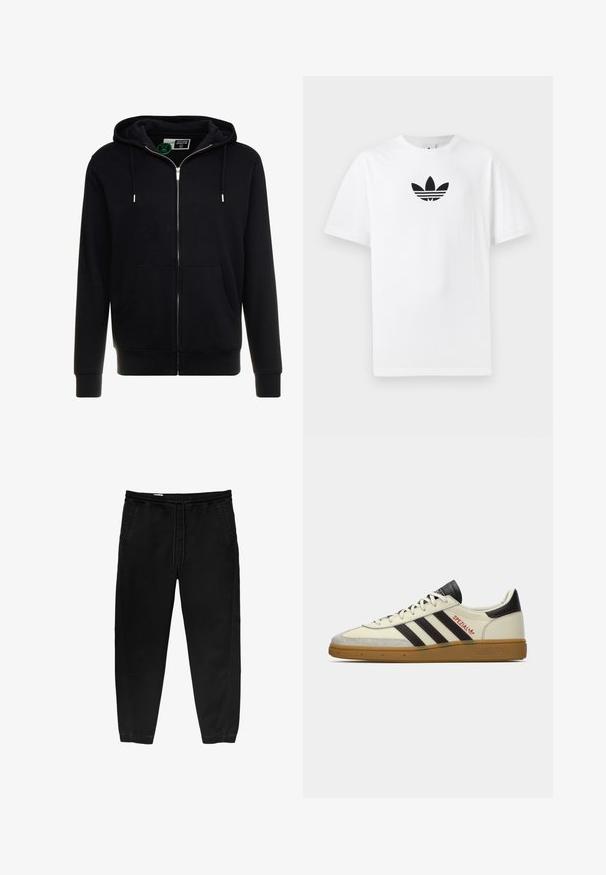 Zwarte rits-hoodie van katoen, met een trekkoordcapuchon, voorzakken en ribgebreide manchetten en zoom. Glad textuur, eenvoudig ontwerp.; Witte katoenen T-shirt met een zwart Adidas-logo in het midden. Korte mouwen en een ronde hals. Gladde textuur.; Zwarte elastische taillebandbroeken met een trekkoord, taps toelopende benen, zijzakken en subtiele stiksels aan de zijkanten. Zachte katoenachtige stof.; Crème en zwarte Adidas Spezial sneaker met gum zool, zwarte strepen, rode stiksels en 'Spezial' branding aan de zijkant.