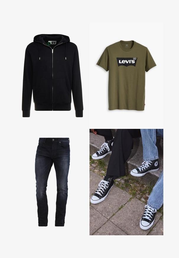 Schwarze Zip-Up-Hoody aus Baumwolle, mit einer verstellbaren Kapuze, Fronttaschen und gerippten Bündchen und Saum. Glatte Textur, schlichtes Design.; Olivgrünes Baumwoll-T-Shirt mit großem schwarzem Levi's-Logo in einer kontrastierenden, halbkreisförmigen Form über der Brust. Normale Passform.; Dunkelblaue Slim-Fit-Jeans mit leichten Ausbleichungen an Oberschenkeln und Knien, ausgestattet mit Vordertaschen, Gürtelschlaufen und einem Knopfverschluss.; Schwarzecanvas-Sneaker mit hohem Schaft, weißen Gummisohlen und Schnürsenkeln, die ein rundes Logo an der Seite besitzen und mit Denim- sowie schwarzen Hosen kombiniert sind.