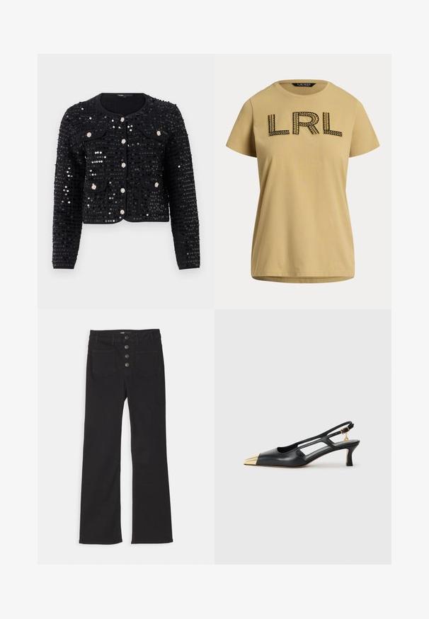 Mustassa paljettitakissa on pyöreä kaula-aukko, pitkät hihat, kaksi etutaskua, ja se on yksityiskohtaisesti koristeltu hopeanvärisillä koristeilla ja napituksilla.; Lyhythihainen, sinapin keltainen puuvillateeppari, jossa on musta brodeerattu "LRL"-logo koristeompeleilla. Normaali pyöreä pääntie.; Mustat farkut, joissa on leveät lahkeet, korkea vyötärö, viisi taskua ja edessä neljä metallista nappia.; Mustat nahkaiset slingback-kengät, joissa on terävä kärki ja kultainen metallikärki. Ominaisuuksiin kuuluu leikattu muotoilu ja hoikka korko, joka on säädettävällä hihnalla.