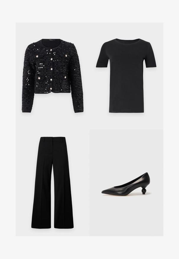 Czarna kurtka z cekinami, z okrągłym dekoltem, długimi rękawami, dwoma przednimi kieszeniami, ozdobiona srebrnymi elementami i zapięciem na guziki.; Czarny t-shirt z krótkim rękawem, wykonany z miękkiej bawełny, z okrągłym dekoltem i klasycznym krojem. Gładka faktura, bez wzorów lub ozdób.; Czarne spodnie o szerokich nogawkach, charakteryzujące się gładką fakturą, usztywnionym pasem i fałdami z przodu. Minimalistyczny design bez widocznych elementów metalowych.; Czarna skórzana szpilka z ostrym czubkiem i okrągłym, kulistym obcasem. Gładka tekstura z eleganckim, minimalistycznym wzornictwem.