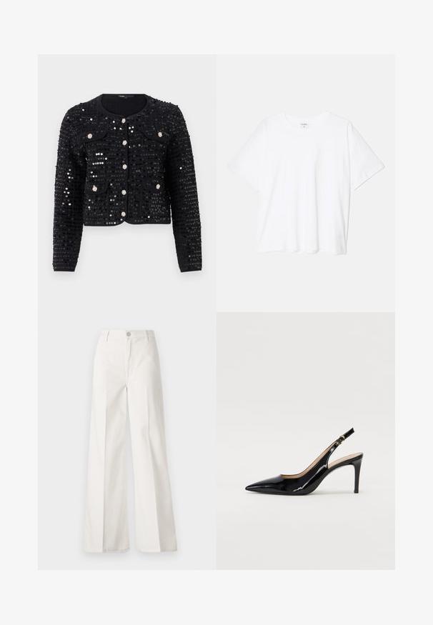 Zwarte paillettenjack met een ronde halslijn, lange mouwen, twee voorzakken, afgewerkt met zilverkleurige versieringen en knoopsluitingen.; Witte katoenen t-shirt met korte mouwen, ronde halslijn, comfortabele pasvorm en gestikte zoom. Etiket zichtbaar aan de binnenzijde van de hals.; Witte wijde-broek gemaakt van katoen met een gladde textuur. Voorzien van een knoop aan de voorkant, ritsopening en vierzakkenontwerp.; Zwarte gepatineerde leren slingback pump met een puntige neus, slanke hak en een subtiel uitgesneden ontwerp. Bevat een gouden gesp op de band.