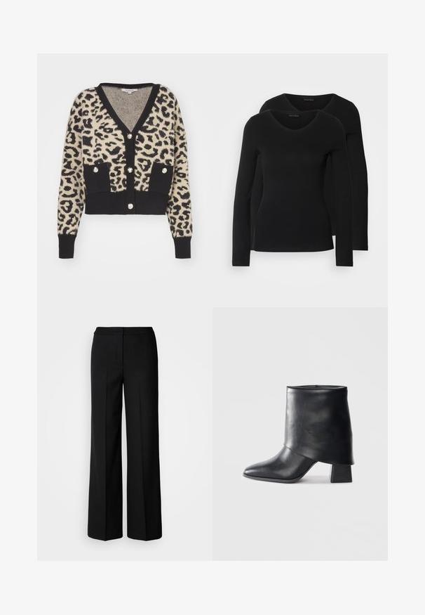 Morgan JACOB - Cardigan - multicooured; Due camicie a maniche lunghe nere con design a V, realizzate in tessuto morbido e elasticizzato, che mostrano una superficie liscia e una forma aderente.; Pantaloni neri a gamba larga in tessuto morbido, con vita alta, cuciture sartoriali e design minimalista. Nessuna ferramenta visibile o tasche.; Stivale in pelle nera alla caviglia con punta affusolata, texture liscia e tacco a blocco strutturato. Presenta un design con risvolto alto.