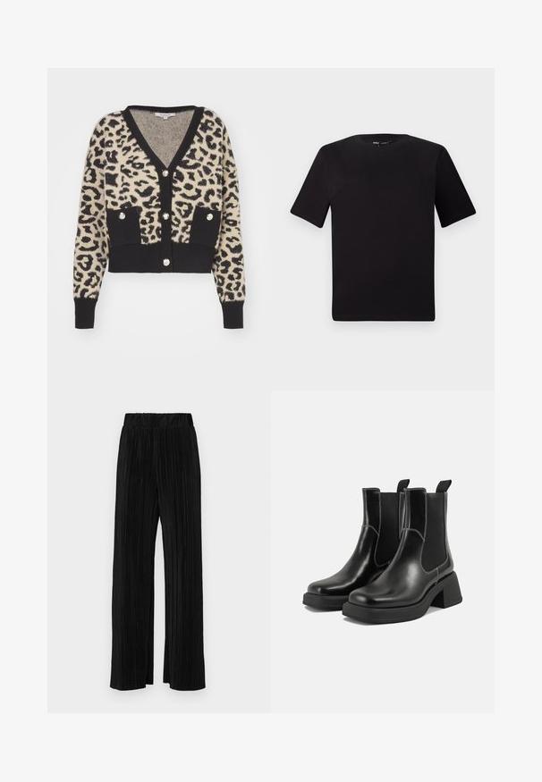 Morgan JACOB - Cardigan - multicooured; T-shirt nera a maniche corte con scollatura rotonda, realizzata in morbido cotone. Design semplice, senza loghi o motivi visibili.; Pantaloni neri a plissé con vita elasticizzata. Presentano gamba ampia e un tessuto liscio e texture con strisce verticali.; Stivali Chelsea in pelle nera con tacco spesso, pannelli elasticizzati sui lati e cuciture bianche a contrasto. Finitura testurizzata.