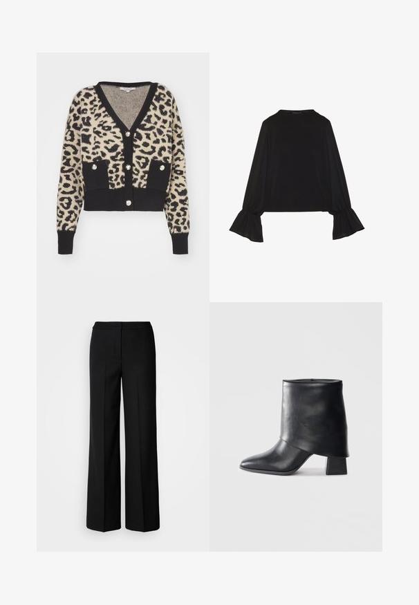 Morgan JACOB - Cardigan - multicooured; Sort langærmet top med flagrende manchetter, blød tekstur og en afslappet pasform, samt en enkel rund halsudskæring.; Sorte brede bukser i glat stof, med høj talje, skræddersyede sømme og et minimalistisk design. Ingen synlig hardware eller lommer.; Sort læder ankelstøvle med spids tå, glat tekstur og en struktureret blokhæl. Har et højt, foldet kravedesign.