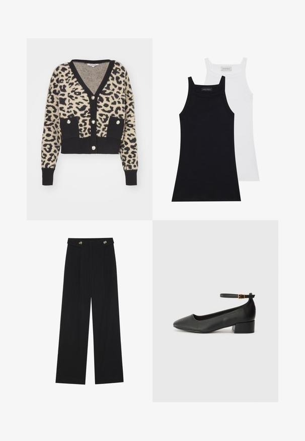Morgan JACOB - Strickjacke - multicooured; Zwei ärmellose Oberteile in Schwarz und Weiß. Hergestellt aus weichem, dehnbarem Stoff mit ribbeliger Textur und körpernahem Schnitt. Mit schmalen Trägern ausgestattet.; Schwarze weite Hosen mit hoher Taille, Knopfdetails am Bund und vorderen Falten.; Schwarze Lederpumps mit spitzem Zehenbereich und niedrigem Blockabsatz. Mit einem Knöchelriemen und einer goldfarbenen Schnalle. Glatte Textur.