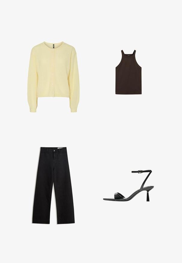 Žlutý kardigan vyrobený z měkké pleteniny, s kulatým výstřihem, zapínáním na knoflíky a dlouhými rukávy s žebrovanými manžetami.; Massimo Dutti HALTER NECK - Top - dark brown; Černé denimové kalhoty s volným střihem a vysokým pasem, vybavené předními a zadními kapsami, prošívanými švy a knoflíkovým zapínáním. Hladká textura.; Bershka Sandály na vysokém podpatku - black