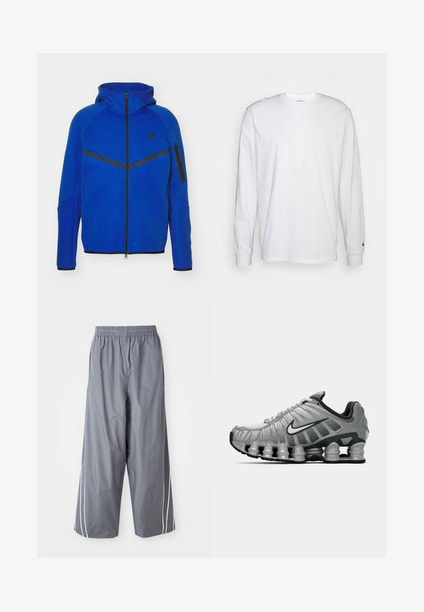 Sweatshirt azul com fecho de correr, apresentando um colarinho alto, detalhes em preto e um bolso com fecho no braço esquerdo. Feita de uma mistura de tecidos suaves.; T-shirt de mangas longas branca feita de algodão. Design de gola redonda com punhos canelados e um pequeno logotipo na manga esquerda. Textura suave.; Calças largas cinzas, leves e sintéticas com uma waistband elástica e riscas brancas laterais. Textura suave com um design casual.; Sapatilha de corrida Nike cinza e preta com um sistema de amortecimento semelhante a molas visível sob a sola e um logo swoosh branco na lateral.