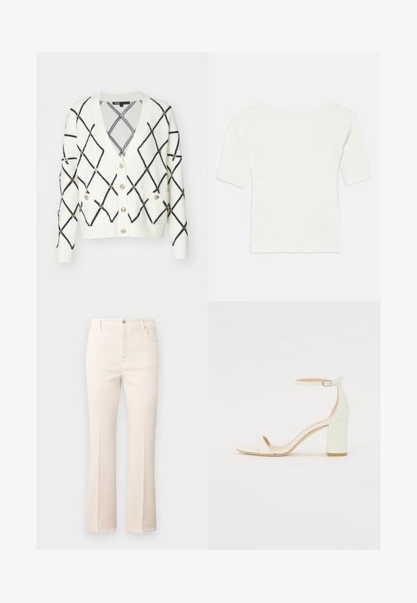 Maje MOOVE - Cardigan - ecru; White ribbed short-sleeve top with a wide neckline. The texture features vertical stripes, emphasizing a snug fit and simple design.; Flared beige jeans made of cotton, featuring a high waist, five pockets, a button closure, and subtle stitching details.; White leather block-heel sandal featuring an ankle strap with a buckle and minimalist design. Open toe and smooth textures throughout.