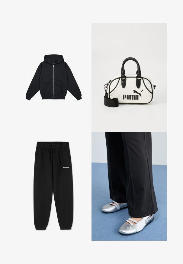 Hanorac negru cu fermoar, cu o glugă mare, buzunare tip kangaroo și manșete ribbate. Prezintă o branding minimal pe piept. Material moale din bumbac.; Tricou din bumbac gri cu mâneci scurte, având un gât rotund și un logo mic alb "PEGADOR" pe față. Textură netedă, croi lejer.; Pantaloni de trening negri dintr-un material moale, cu un tiv ajustabil la talie, picioare conice și buzunare laterale. Logo-ul "PEGADOR" în alb pe față.; Pantofi plat din silver și alb cu bretele încrucișate și detalii texturate, completate de pantaloni negri lejeri. Fundalul este un podea albastră.; Geantă albă cu accente negre, ce prezintă un logo Puma. Mânere scurte și rotunjite și o curea detașabilă, confecționată din material sintetic texturat.