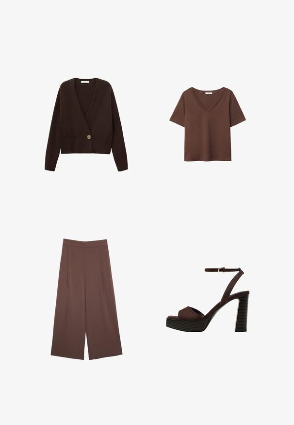 Smeđi skraćeni kardigan s dubokim V-izrezom, dugim rukavima, rebrastim rubom i zlatnom kopčom sprijeda. Mekani pleteni materijal.; Smeđa pamučna majica kratkih rukava s dubokim V-izrezom. Jednostavan dizajn, mekana tekstura i ravni rub. Bez uzoraka ili naglasaka.; Smeđe hlače širokog kroja s glatkom teksturom, koje imaju visok struk i nabore sprijeda. Tkanina je lagana i slobodno se kreće.; Smeđe zamšaste sandale s visokim potpeticama, otvorenim prstima, podesivom trakicom oko gležnja i prugastom platformom.