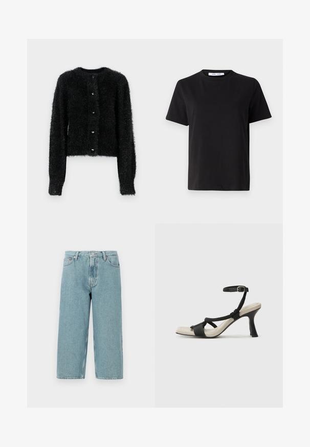 Fekete, bolyhos kardigán kerek nyakkivágással és hosszú ujjakkal. Szív alakú gombokkal ellátott gombos elülső rész. Rövidített hossz.; Fekete, rövid ujjú póló, puha pamutból készült, kerek nyakkivágással, laza szabással és sima textúrával. Nincs látható minta vagy grafikák.; Világoskék farmer rövidnadrág, magas derékkal, egyenes szabással és nyers szegéllyel. Klasszikus gombos és cipzáras záródással rendelkezik, négy zseb van rajta.; Fekete sarkú szandál fonott pánttal, négyzet alakú orral és állítható bokapánttal. Világos bézs talpbetét fényes fekete sarkával.