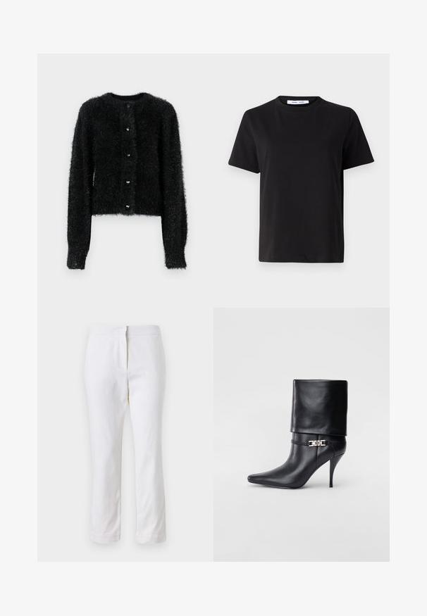 Fekete, bolyhos kardigán kerek nyakkivágással és hosszú ujjakkal. Szív alakú gombokkal ellátott gombos elülső rész. Rövidített hossz.; Fekete, rövid ujjú póló, puha pamutból készült, kerek nyakkivágással, laza szabással és sima textúrával. Nincs látható minta vagy grafikák.; Fehér pamut nadrág egyenes lábformával, közepes derékkal, látható fémrészek vagy minták nélkül. Sima textúra az egész anyagon.; Fekete bőr bokacsizma hegyes orral, magas stiletto sarokkal, hajtott szegéllyel és arany díszcsattal a bokán.