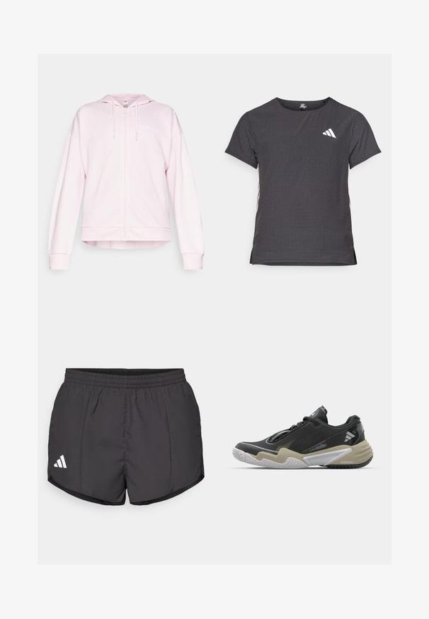Gaiši rozā zipa jaka ar kapuci, garām piedurknēm un ribotiem aproces galiem. Uz kreisā krūšu daļā atrodas balts Adidas logs. Mīksta auduma tekstūra.; Īsām piedurkņu sporta T-krekls, tumši pelēks ar perforētu tekstūru. Iespējots ar baltu logotipu un kontrastējošām sānu svītrām. Apaļa kakla izgriezums.; Melnas sporta šortas, izgatavotas no viegla materiāla, ar elastīgu jostu un baltu Adidas logo apakšējā kreisajā pusē.; Melnas un bēšas sporta kurpes ar teksturētu augšu, izteiksmīgu zoles dizainu, atstarojošiem akcentiem un auklu sistēmu. Vieglas konstrukcijas.