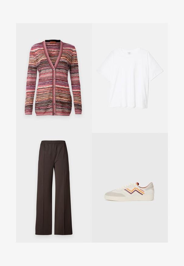 Wielobarwna kardigan z falistym wzorem w paski w odcieniach różu, brązu i kremu. Posiada dekolt w kształcie litery V, zapięcie na guziki oraz ściągacze przy mankietach.; Biała bawełniana koszulka z krótkim rękawem, okrągłym dekoltem, luźnym krojem i przeszytym brzegiem. Metka widoczna wewnątrz dekoltu.; Szerokie spodnie w ciemnobrązowym materiale z elastycznym pasem, charakteryzujące się gładką teksturą i czystymi liniami dla dopasowanego wyglądu.; Sneakers z kremową cholewką z akcentami z zamszu, w wielokolorowe, zygzakowate paski w kolorze pomarańczowym, bordowym i żółtym oraz grubą białą podeszwą.