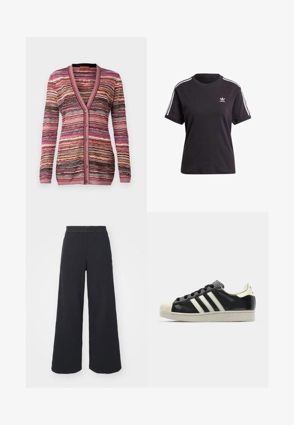 Többszínű kardigán, amely hullámos csíkos mintával készült rózsaszín, barna és krémszín árnyalatokban. V-nyakú, gombos záródással és bordázott mandzsettákkal rendelkezik.; Fekete pamut, rövid ujjú póló kerek nyakkal, fehér csíkokkal a vállakon és egy kis fehér Adidas logóval a mellkasán.; Fekete, bő szárú melegítőnadrág, puha anyagból készült, rugalmas derékkal és egy kis logóval a bal oldalon.; Fekete bőrsneaker fehér csíkokkal, gumírozott orral, fekete fűzővel és krém színű talppal. Simaság és fényes felület jellemzi.