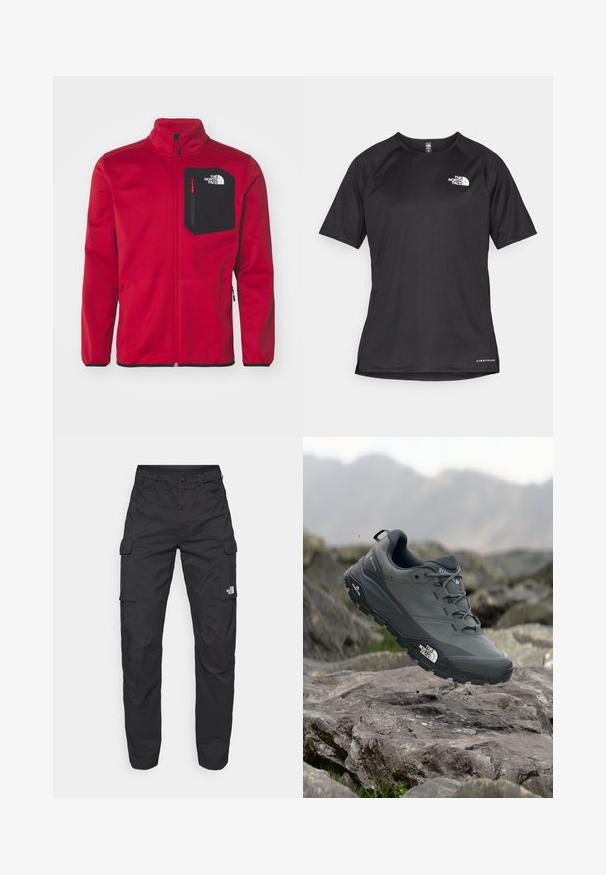 The North Face CREST - Felpa con zip - garnet red/black; Maglietta sportiva nera a maniche corte con tessuto testurizzato, caratterizzata da un logo bianco sul lato sinistro del petto e orlo dritto.; The North Face EXPLORATION PANTS - Pantaloni cargo - black; Scarpa da trail running grigia con tomaia testurizzata, suola in gomma resistente e punta rinforzata. Presenta lacci e logo del marchio sul lato.