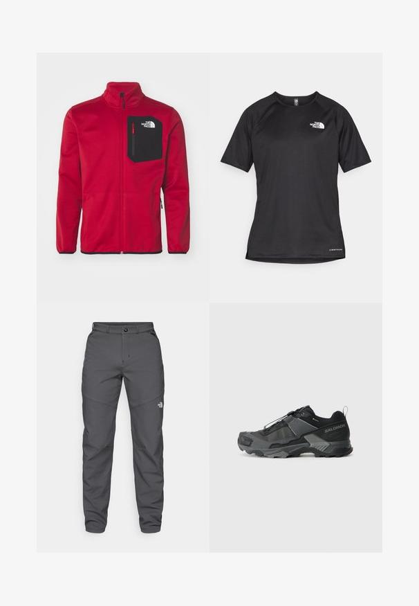 The North Face CREST  - Felpa con zip - garnet red/black; Maglietta sportiva nera a maniche corte con tessuto testurizzato, caratterizzata da un logo bianco sul lato sinistro del petto e orlo dritto.; Pantaloni da esterno grigi realizzati in un tessuto durevole, dotati di chiusura con bottone, passanti per cintura e un logo vicino alla parte inferiore della gamba.; Scarpa da trail running nera con tomaia in mesh resistente, puntale rinforzato, suola in gomma testurizzata e sistema di lacci elastici per una calzata sicura.