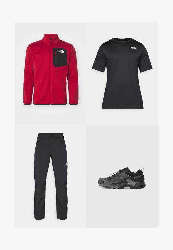 The North Face CREST - Sweatjakke - garnet red/black; Svart t-skjorte med korte ermer laget av lett, fukttransporterende stoff. Har en hvit logo på venstre bryst og rund hals.; Sorte utendørsbukser med glidelås på frontlommen, syntetisk materiale, smalnende ben og forsterkede knepaneler. Har knappelukking.; Svart terrengløpesko med et slitesterkt maskeoberoende, forsterket tåhette, teksturert gummisåle og elastisk lissystem for sikre tilpasning.
