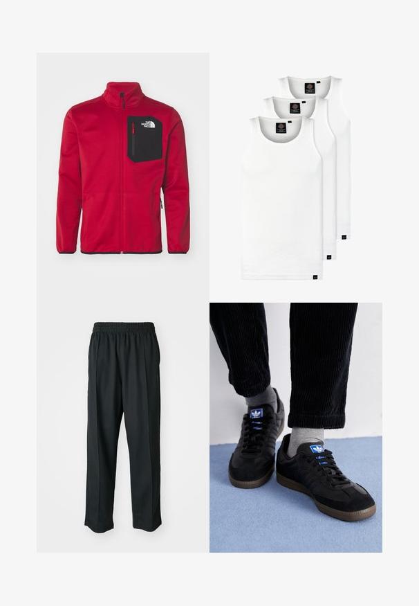 The North Face CREST - Športna jopa s kapuco na zadrgo - garnet red/black; Tri bele rebraste majice brez rokavov iz bombaža. Imajo okroglo izreza in majhne črne etikete blizu roba. Na voljo v več velikostih.; Crne športne hlače z elastiko v pasu, narejene iz gladkega materiala, z diskretnim stranskim šivanjem in ohlapnim krojem ter ravnimi nogavicami.; Črne teniske iz semiša in usnja, z modrim logotipom in rjavim gumijastim podplatom. V kombinaciji z sivimi nogavicami in kordno hlačami.