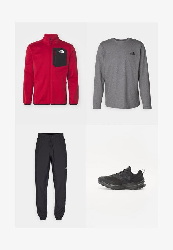 The North Face CREST - Vetoketjullinen college - garnet red/black; The North Face M L/S SIMPLE DOME TEE - Pitkähihainen paita - medium grey heather; Mustat urheiluhousut, jotka on valmistettu kevyestä kankaasta. Housuissa on naru vyötäröllä, sivutaskut ja kapenevat hihnat nilkoissa.; Musta urheilujalkine, jossa on verkko päällinen, kumipohja ja pehmustettu varsi. Varusteena nauhat, logo sivussa ja teksturoitu kuvio.