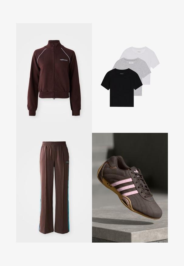 Brown zip-up sweatshirt with high collar, white accent stitching, ribbed cuffs, hem, and logo detail on the left chest. Soft fabric texture.; Set of three short-sleeve t-shirts in black, gray, and white. Made from cotton, featuring a crew neck and a simple, solid color design.; Brown athletic pants with a ribbed texture, elastic waistband, and turquoise side stripes. Features the adidas logo on the front.; Brown suede athletic shoe with pink stripes and logo, featuring a textured upper, lace closure, and a gum rubber sole.
