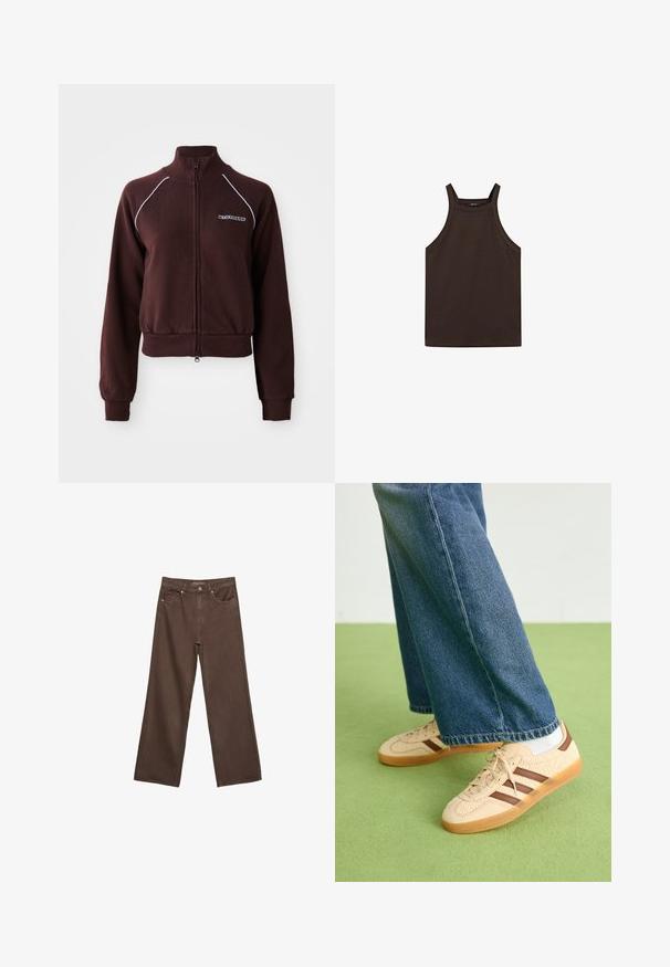 Bruine zip-up sweatshirt met hoge kraag, witte accentstiksels, geribde manchetten, zoom en logo-detail op de linkerborst. Zachte stoftextuur.; Massimo Dutti HALTER NECK - Top - dark brown; Brede bruine spijkerbroek van denim, met een hoge taille, voorzakken en een klassieke knoopsluiting. Soepele textuur met subtiele stiksels.; Beige sneakers met gestructureerde crèmekleurige panelen en bruine strepen, gecombineerd met blauwe denim jeans. De jeans hebben een brede pijp en een rafelige zoom.