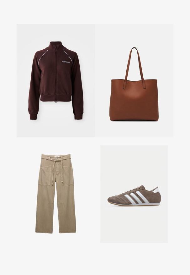 Hnědá zipová mikina s vysokým límcem, bílým kontrastním prošíváním, žebrovanými manžetami a spodním lemem a logem na levé hrudi. Měkká textilie.; Hnědý žebrovaný top s krátkým rukávem a mírně zakřiveným spodním okrajem. Měkká textura a volný střih, který zahrnuje kulatý výstřih a minimální švy.; Beige kalhoty s širokými nohavicemi vyrobené z odolné tkaniny, s velkými předními kapsami, pleteným páskem a decentními stehmi.; Hnědá semišová sportovní bota s bílými pruhy, kulatou špičkou, šněrováním a gumovou podrážkou. Texturovaný svršek s švy.; Hnědá kožená taška přes rameno s hladkou texturou, otevřeným designem a dvěma ramenními popruhy. Obsahuje minimální švy a žádné viditelné kovové prvky.