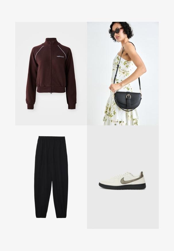 Rjav zip-up sweatshirt z visokim ovratnikom, belimi poudarki na šivih, rebrastimi manšetami, robom in logotipom na levi prsni strani. Mehak tekstilni videz.; Olivno zelena majica s kratkimi rokavi iz mehkega bombažnega materiala. Ima okroglo izrezan vrat in ravno kroj, z minimalnimi šivi.; Črne, lahke hlače z elastičnim pasom in nabranimi gležnji. Tkanina je gladka in ima sproščen, taperiran dizajn.; Nike Sportswear FIELD GENERAL - Športni copati - off-white/black; Črna usnjena torbica s ukrivljeno obliko, z odstranljivo naramnico in zlatimi dodatki. Torbica ima pokrov s podrobnostmi v obliki zaponke.