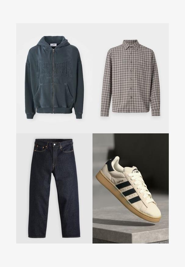 Sötétzöld, cipzáros kapucnis pulóver, amelynek elülső részén texturált "VERTETRE BERLIN" logó található, húzózsinóros kapucnival és kenguru zsebekkel.; Barna és krém színű kockás ing, gombos gallérral, hosszú ujjakkal és elülső gombokkal; texturált anyagból készült.; Sötétkék farmernadrág egyenes szabással, öt zsebbel, kontrasztos narancssárga varrással és gombos záródással. Nem látható rajta mintázat vagy díszítés.; Bézs velúr sportcipő három sötétkék csíkkal, fehér fűzőkkel és világosbarna gumi talppal. A nyelvén logó található, valamint a "CAMPUS" felirat.