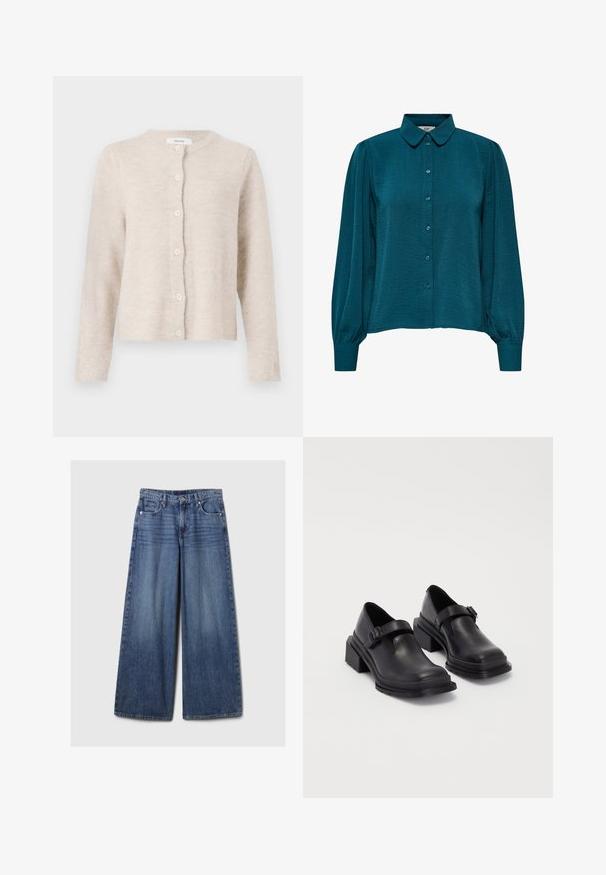 Beige kardigán, puha kötött anyagból, kerek nyakkivágással, hosszú ujjakkal és hat elöl lévő gombbal. Klasszikus, egyszerű dizájn.; Türkiz blúz, galléros nyakkivágással, gombos elöléttel és hosszú ujjakkal. Texturált anyagból készült, összegyűrt mandzsettákkal.; Széles lábú kék farmernadrág elhalványodott felülettel, gombos és cipzáras záródással, öt zsebbel és övhurkokkal.; Fekete bőr cipők lekerekített orral, lapos talppal és csattal díszített pánttal. Masszív blokk talp a megnövelt stabilitásért.