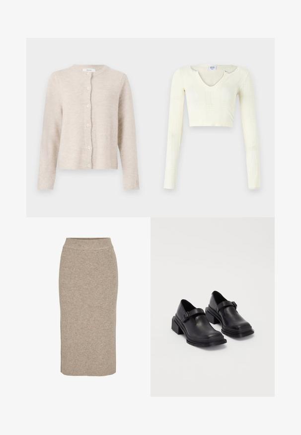 Cardigan bej din material tricotat moale, cu guler rotund, mâneci lungi și șase nasturi în față. Design clasic, simplu.; Top scurt din material tricotat de culoare albă murdară. Mâneci lungi cu textură cu rigle și mici decupaje în jurul gâtului.; Fustă creion tricotată, de culoare bej deschis, cu textură regjată, talie înaltă și croială ajustată. Fusta ajunge sub genunchi.; Pantofi din piele neagră cu vârf rotunjit, talpă plată și o curea cu detaliu de cataramă. Toc gros pentru o stabilitate suplimentară.